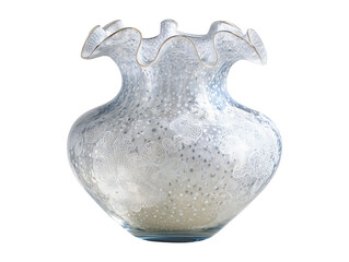 Elegant frosted glass vase with wavy rim and white patterns isolated on transparent or white background, png