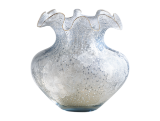 Elegant frosted glass vase with wavy rim and white patterns isolated on transparent or white background, png