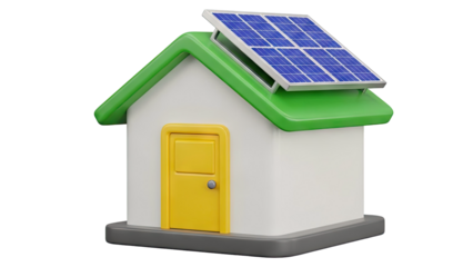 Cartoon house with solar panel on green roof