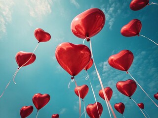 Red heart shaped air balloons on blue background. Valentine's day celebration 