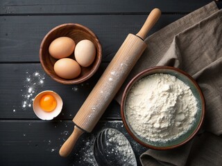 Rolling pin with bowl of flour and eggs on dark wooden background 
