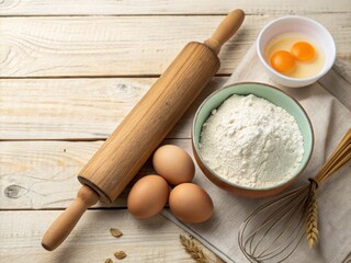 Rolling pin with bowl of flour and eggs on wooden background 