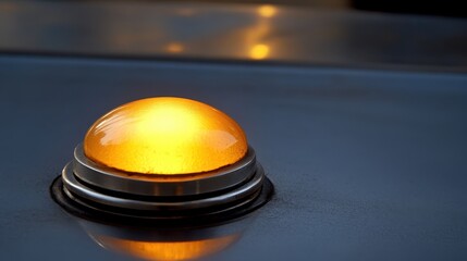 A single illuminated yellow emergency alarm button glows brightly on a dark metallic surface in a close up view