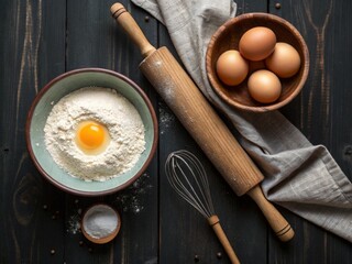 Rolling pin with bowl of flour and eggs on dark wooden background 