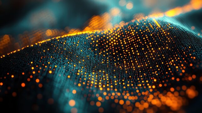 Abstract visualization of a smart fabric prototype with integrated conductive threads glowing with digital light