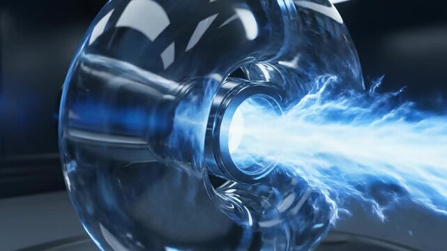 High-tech futuristic glowing glass toroid spinning rapidly with internal neon blue light resembling a powerful clean energy accelerator seamless, visualization, accelerator
