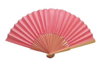 Pink folding hand fan with decorative ribs and pleated fabric isolated on transparent background.

