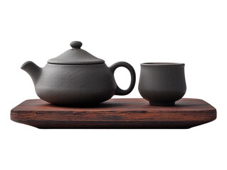 Zen clay teapot and tea cup on wooden tray isolated on transparent or white background, png