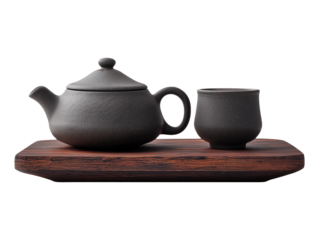 Zen clay teapot and tea cup on wooden tray isolated on transparent or white background, png