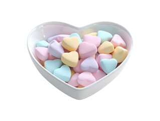 Heart shaped bowl filled with pastel heart candies isolated on transparent or white background, png