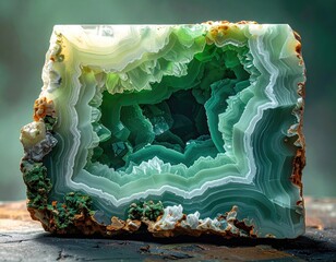 Cut green agate geode reveals crystalline interior with earthy exterior.