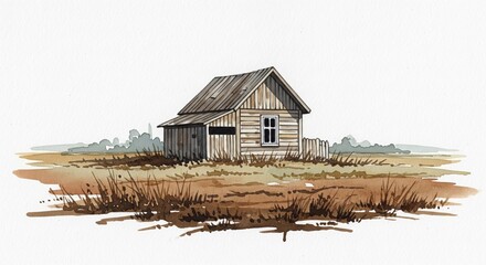 Rustic old wooden shack standing alone in a dry field, an atmospheric hand-drawn illustration