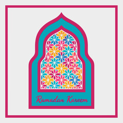 Vibrant Ramadan Kareem greeting card with colorful Islamic pattern