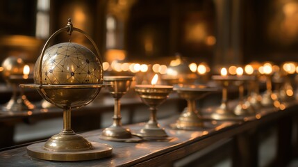 A polished brass antique celestial astrolabe instrument displayed with flickering candles in a warm softly lit interior