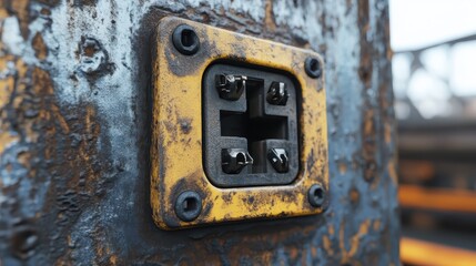 A weathered industrial electrical socket with four terminals on a rusty metal panel
