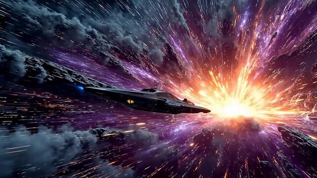Sci-fi spaceship flying away from massive interstellar explosion shockwave, 3D render universe battle and supernova background, futuristic warship escaping nebula destruction video footage.