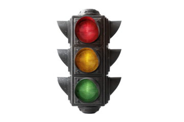 Vertical traffic light signal with realistic housing and lenses isolated on transparent background.
