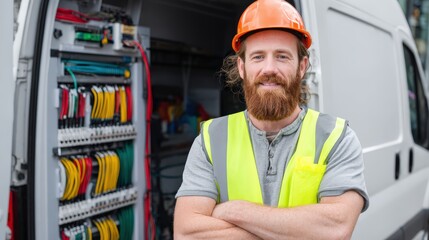 Skilled technician wearing safety gear poses confidently near open utility vehicle compartment displaying wiring
