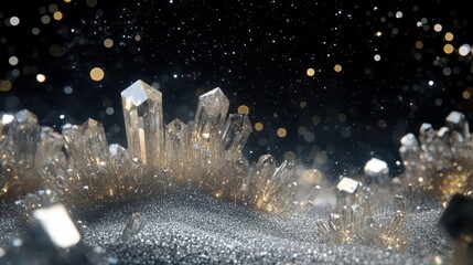 Abstract crystalline formations growing from a bed of sparkling glitter and bokeh lights