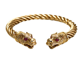 Twisted gold bracelet with tiger heads and ruby eyes isolated on transparent or white background, png