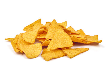 Fototapeta premium Pile of Nacho Chips, isolated on white background