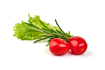 Two Tomatoes with Lettuce and Rosemary, isolated on white background