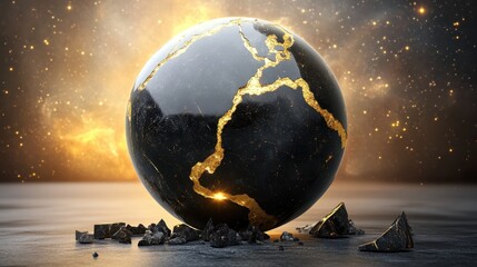 An earth globe crafted from polished obsidian with golden continents and scattered shards illuminated by warm cosmic light