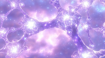 An interconnected network of luminous crystalline structures glows with vibrant purple and blue light against a starry cosmic background