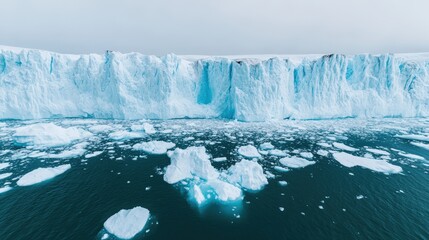A massive ice wall with floating icebergs rises above the cold, dark ocean under a cloudy sky.
