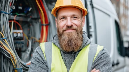 Bearded tradesman wearing safety gear smiles confidently beside an open utility panel