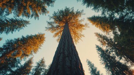 Tall trees viewed from below with sunlight filtering through the forest canopy against a clear sky.