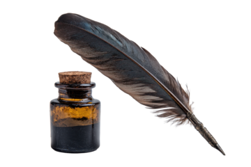 Feather quill with ink bottle as a vintage writing set isolated on transparent background.
