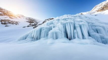 A frozen waterfall cascades down a snowy mountainside under a clear blue sky with the sun peeking over the horizon.