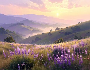 Gentle hills and vibrant wildflowers bloom at sunrise in this serene landscape.