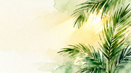 Watercolor tropical palm leaves background with yellow and green abstract paint splatters on textured paper for summer vacation design