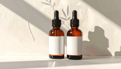 Two bottles of liquid product displayed with shadow and light background