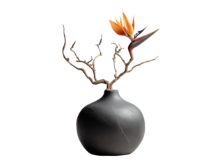 Black ceramic vase with bird of paradise flower isolated on transparent or white background, png
