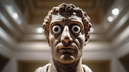 Googly Eye Stuck on "O" of Classic Stern Bust in Museum, Anachronistic Silliness Under Dramatic Gallery Lighting.