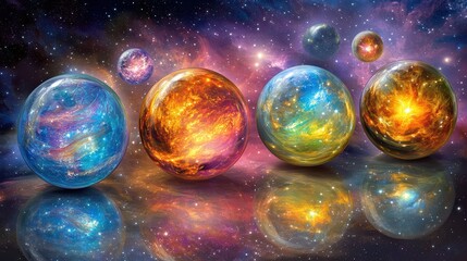 Colorful glowing planets and celestial spheres reflecting light in a vibrant galaxy with stars and nebula