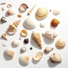 Seashells Scattered on White Surface, Displaying Assorted Sizes & Shapes.