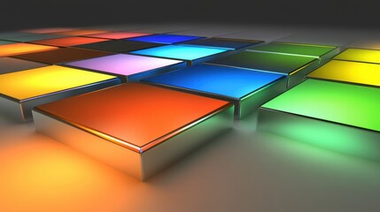 Colorful metallic prisms refracting light in an abstract arrangement