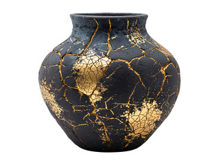 Black ceramic kintsugi vase with gold cracks isolated on transparent or white background, png