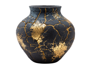 Black ceramic kintsugi vase with gold cracks isolated on transparent or white background, png