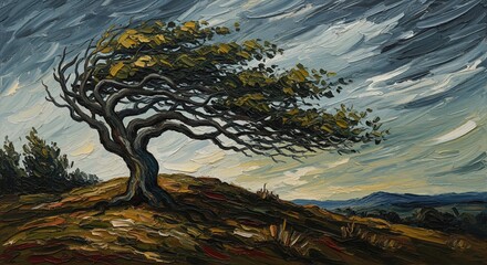 Solitary gnarled tree bending powerfully against strong winds under a stormy sky landscape