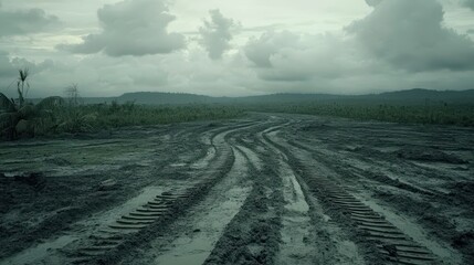 Deep muddy tracks left by heavy machinery across a wet cleared landscape under a cloudy sky