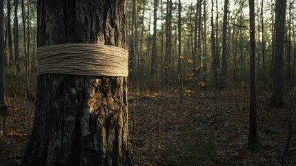 A thick band of coarse natural twine wrapped around the textured bark of a tree trunk in a sun-dappled forest