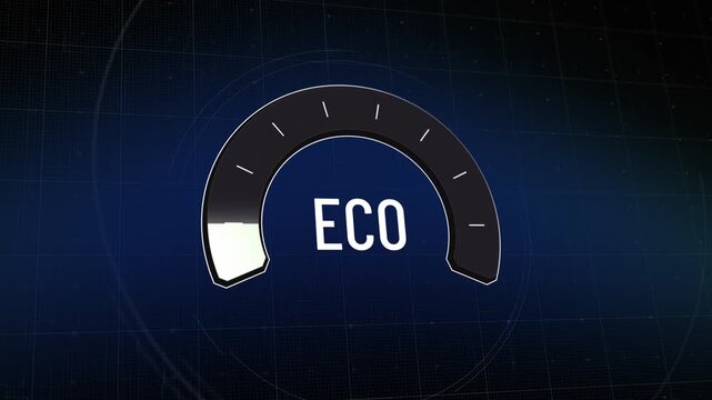 ECO performance gauge cycling, green metric indicator increasing to optimal high level then decreasing to low, environmental sustainability and positive impact dashboard reading, Copy space.