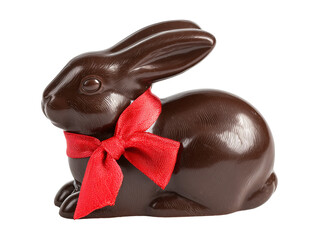 Chocolate easter bunny with red ribbon isolated on transparent or white background, png