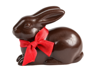 Chocolate easter bunny with red ribbon isolated on transparent or white background, png