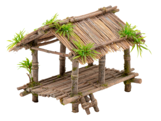Small bamboo hut miniature tiki cabana with rustic wood texture, isolated on transparent background.
